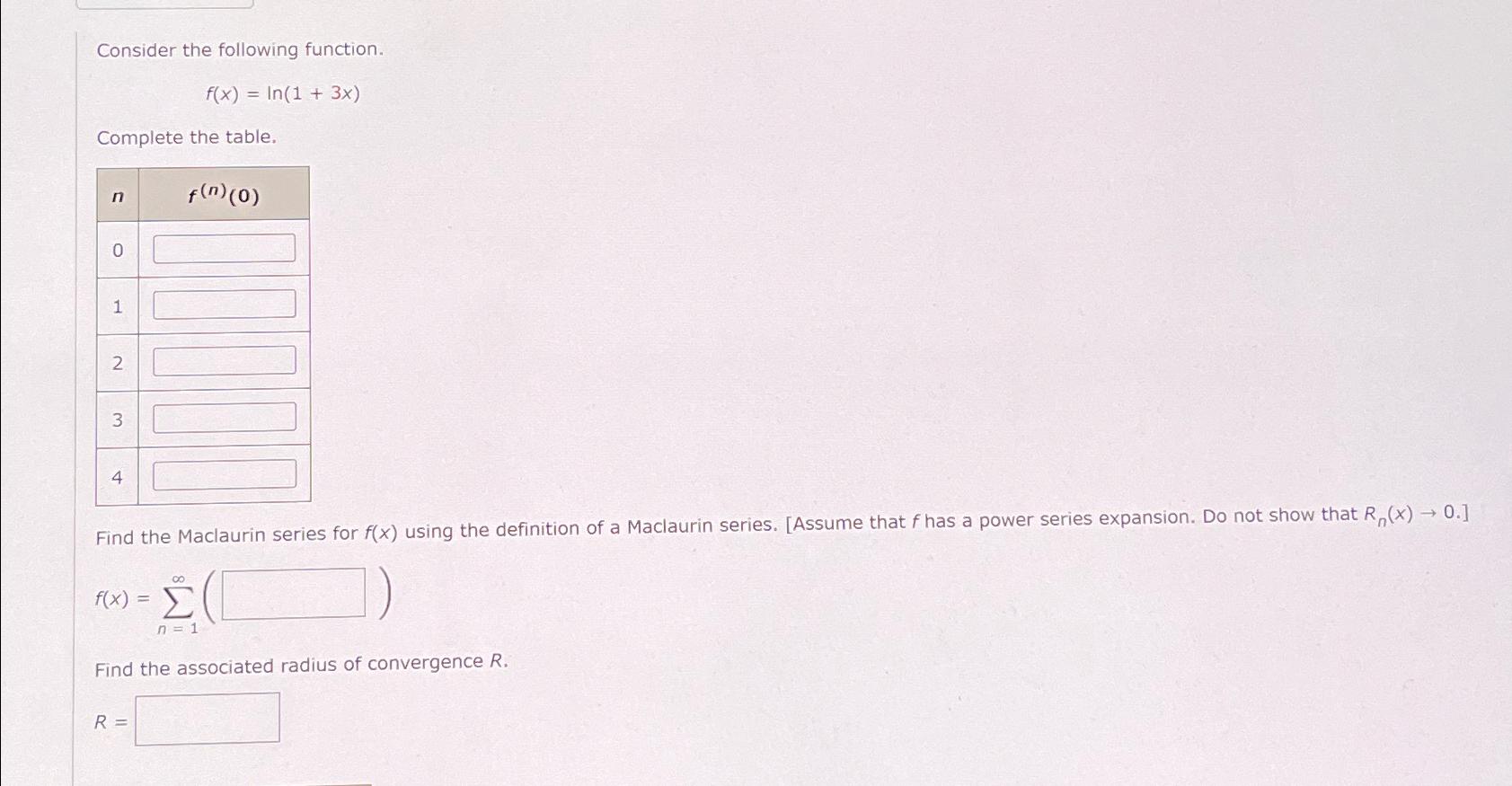 Solved Consider The Following Function F X Ln 1 3x Complete