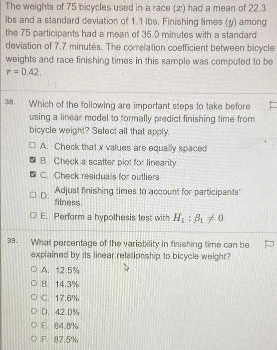 Solved The weights of 75 bicycles used in a race (2) had a | Chegg.com