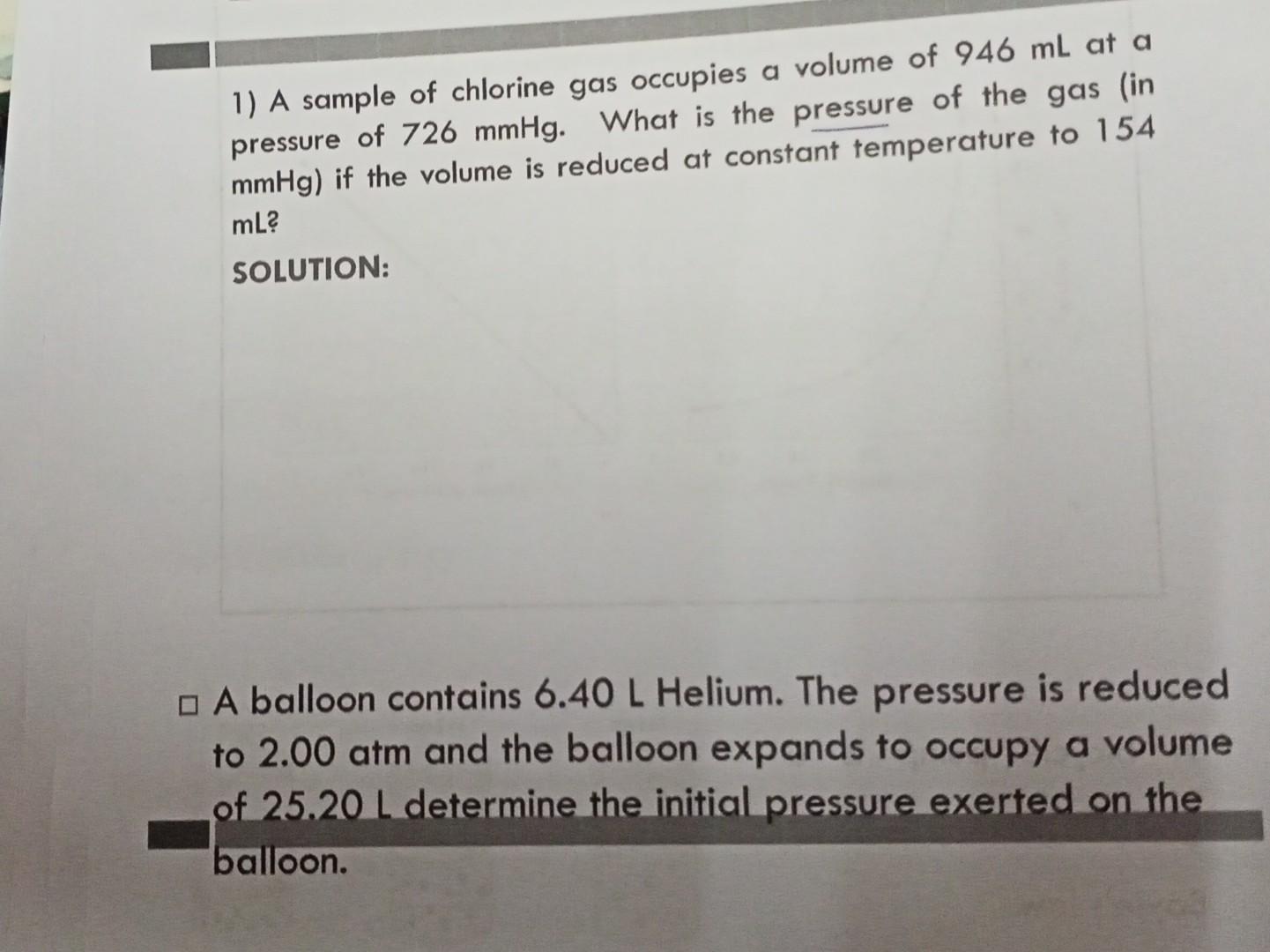 Solved 1) A sample of chlorine gas occupies a volume of 946