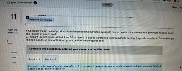 Solved Chapter 3 Homework o 11 Part 1 of 2 Required | Chegg.com