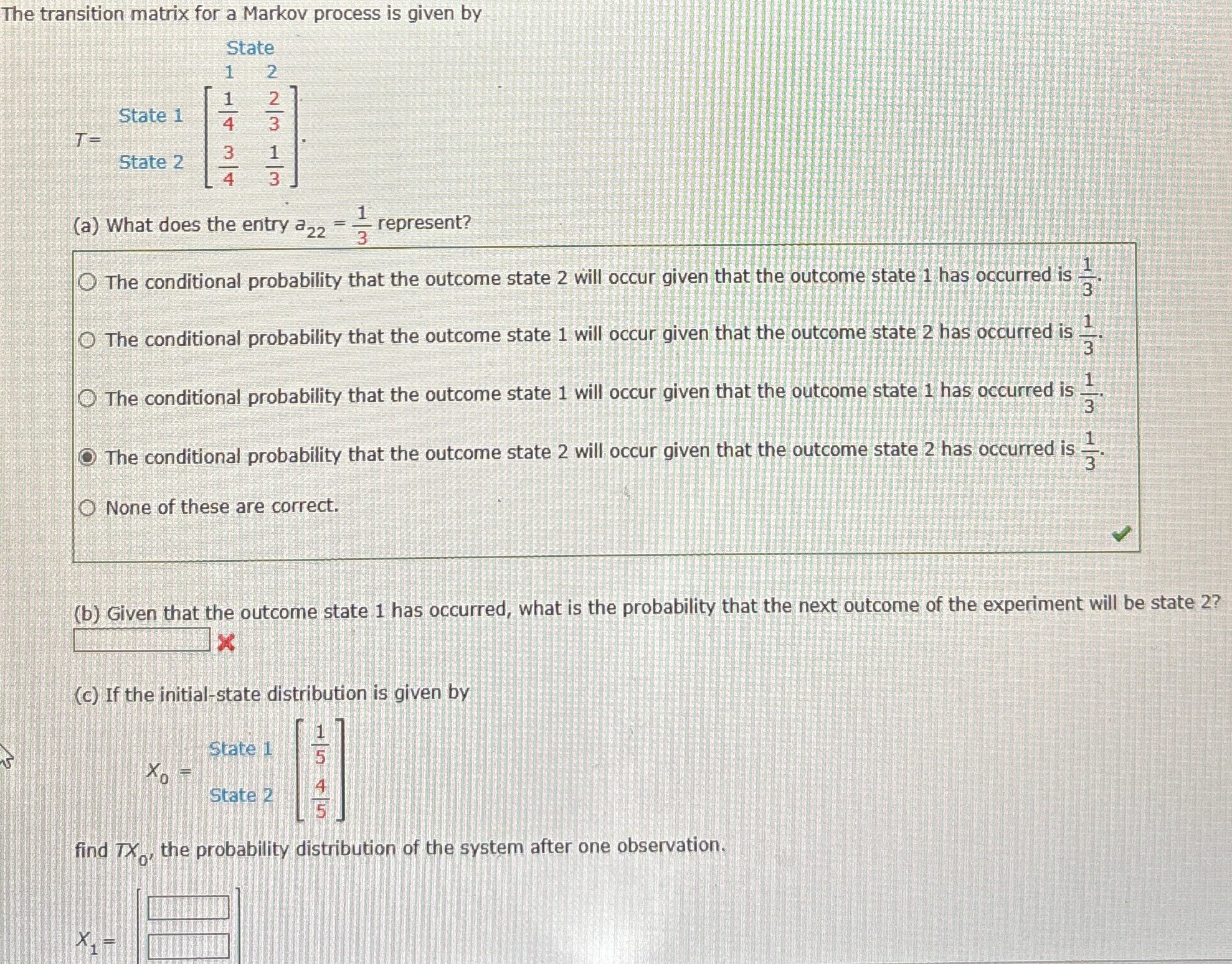 Solved The transition matrix for a Markov process is given | Chegg.com
