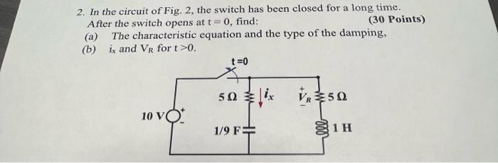 Solved 2. In the circuit of Fig. 2 , the switch has been | Chegg.com