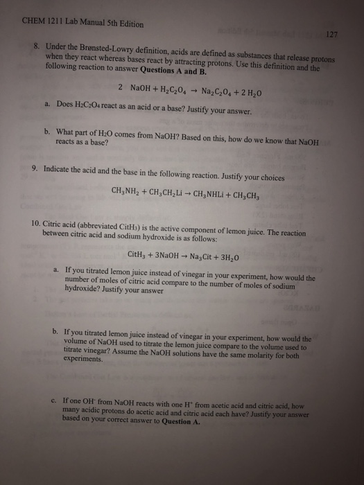 Solved CHEM 1211 Lab Manual 5th Edition 126 Post Lab