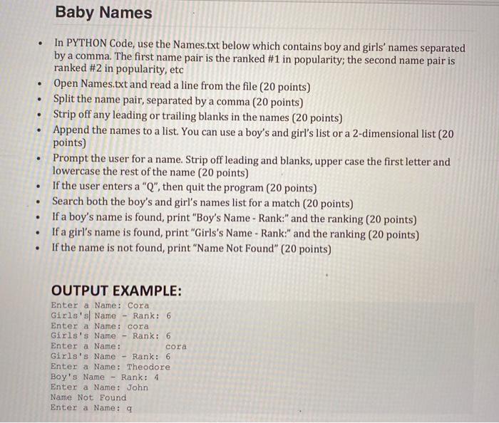 Solved Baby Names . . In PYTHON Code, use the Names.txt | Chegg.com