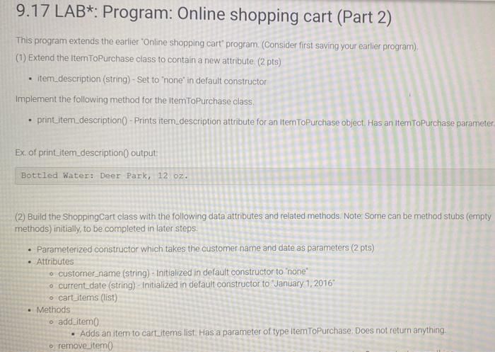Solved 9.17 LAB*: Program: Online shopping cart (Part 2) | Chegg.com