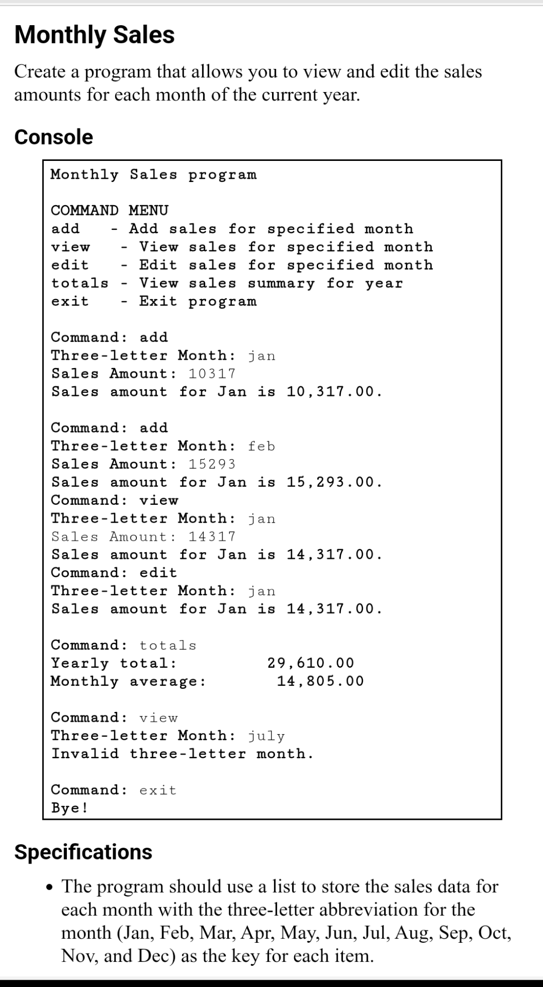 Solved Monthly Sales Create a program that allows you to | Chegg.com