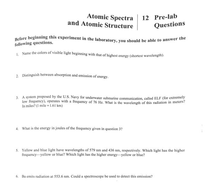 Solved Atomic Spectra and Atomic Structure 12 Pre-lab | Chegg.com
