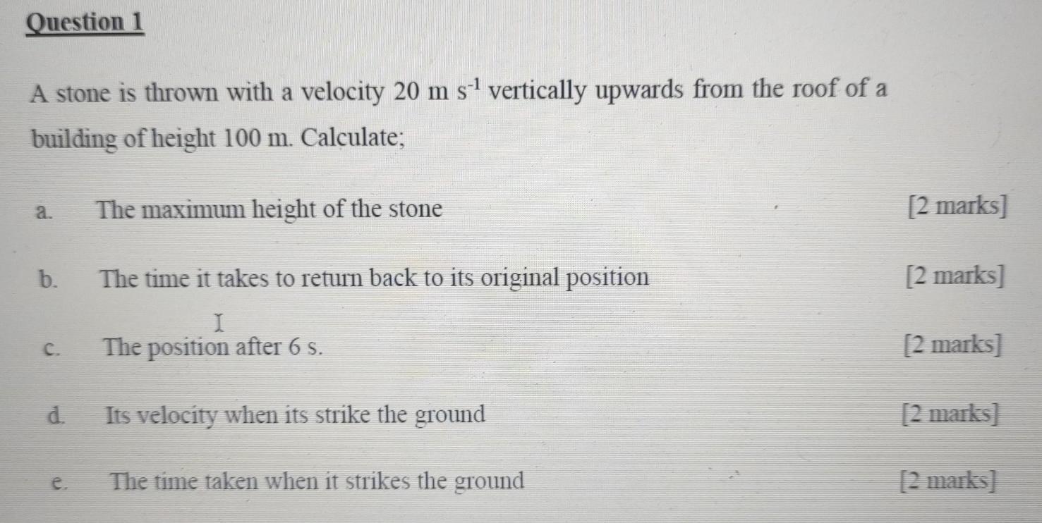 Solved Question 1 A stone is thrown with a velocity 20 m s1 | Chegg.com