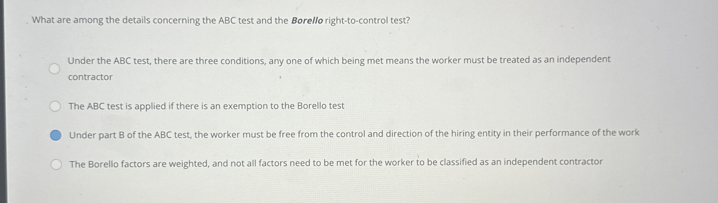Solved What are among the details concerning the ABC test | Chegg.com