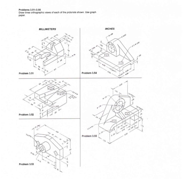 Solved Problems 3.51-3.65 Draw three orthographic views of | Chegg.com