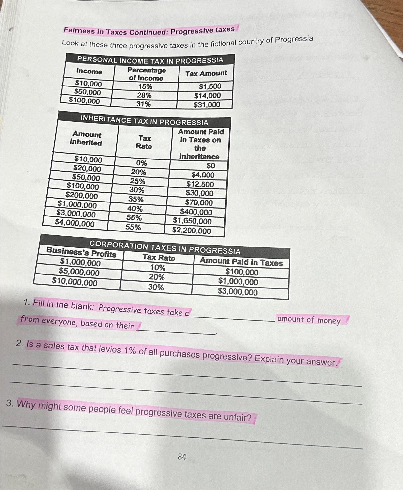 Solved Fairness in Taxes Continued: Progressive taxesLook at | Chegg.com