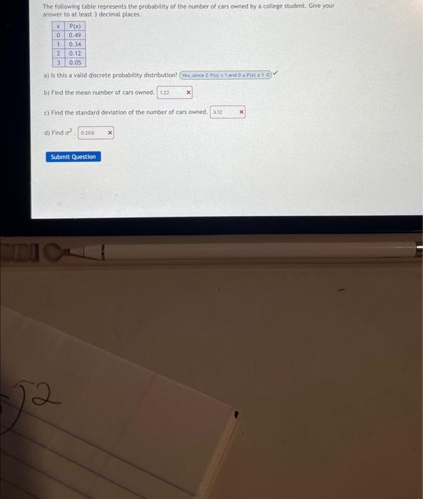 Solved The following table represents the probability of the | Chegg.com