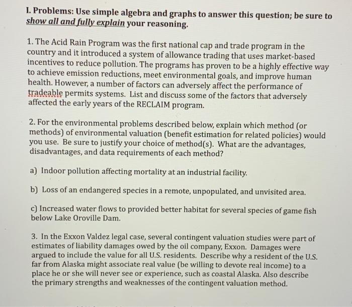 Solved I. Problems: Use simple algebra and graphs to answer | Chegg.com