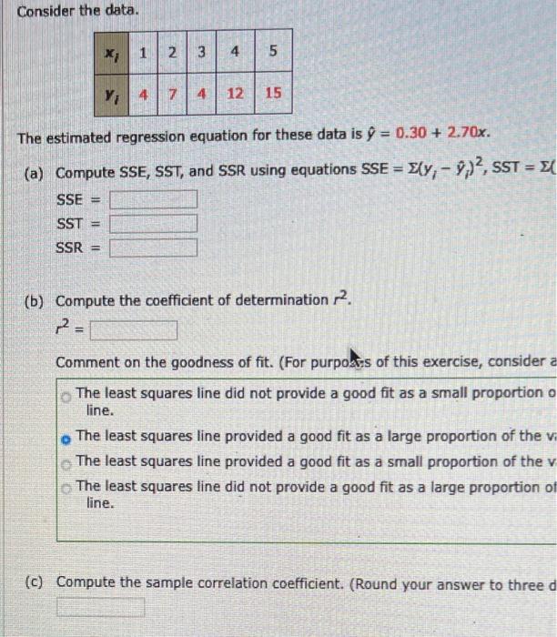 Solved Consider the data. X; 1 1 2 3 4 5 Y474 12 15 The | Chegg.com