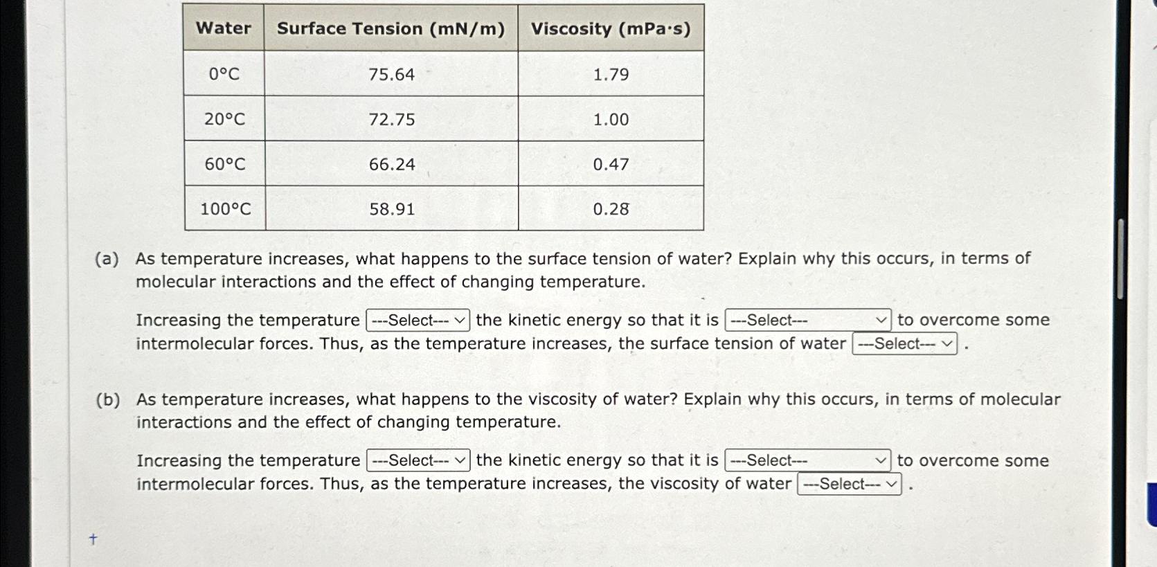 \table[[Water,Surface Tension (mNm),Viscosity (mPa *s