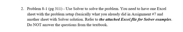 Solved Problem 8-1 (pg 311) - Use Solver to solve the | Chegg.com