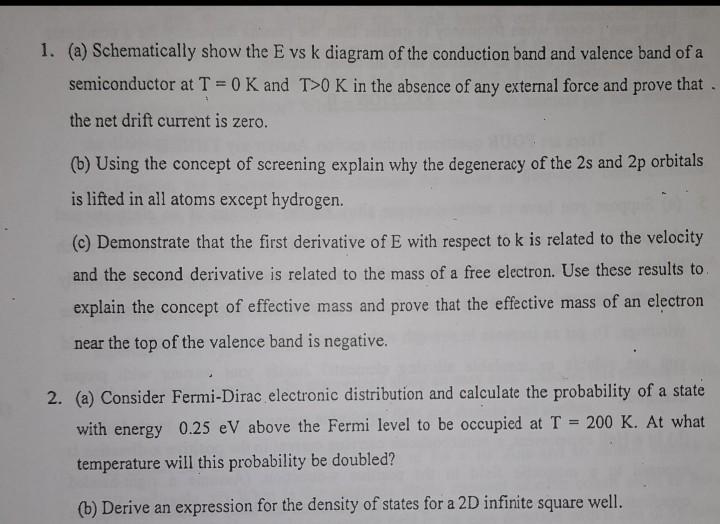 Solved 1. (a) Schematically show the E vs k diagram of the | Chegg.com