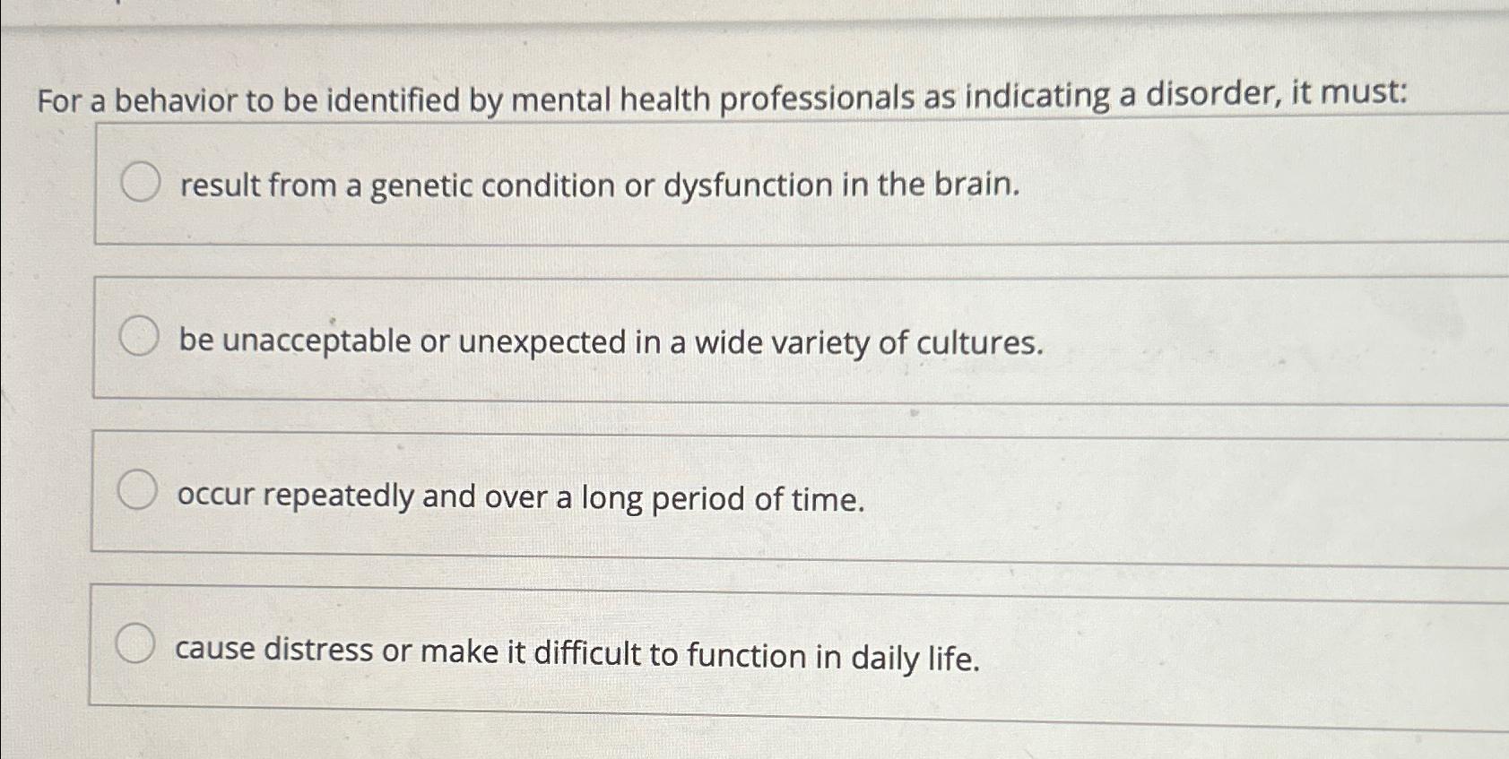 Solved For a behavior to be identified by mental health | Chegg.com