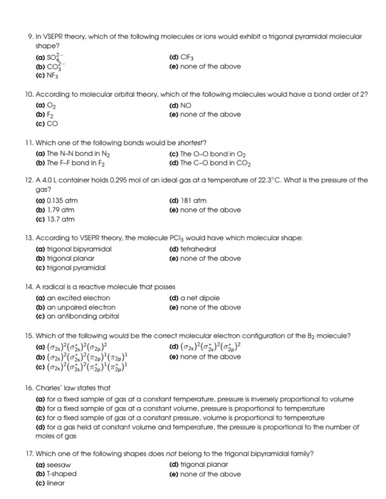 Solved 9. In VSEPR theory, which of the following molecules | Chegg.com