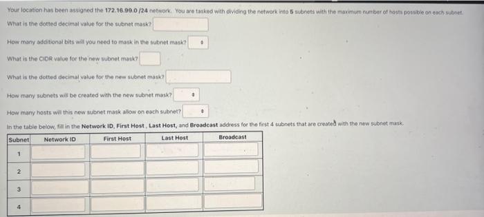 Solved Your location has been assigned the 172.16.99.0/24 | Chegg.com