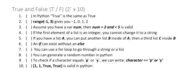 Solved True and False (T/F)(2′×10) 1. ( ) In Python 