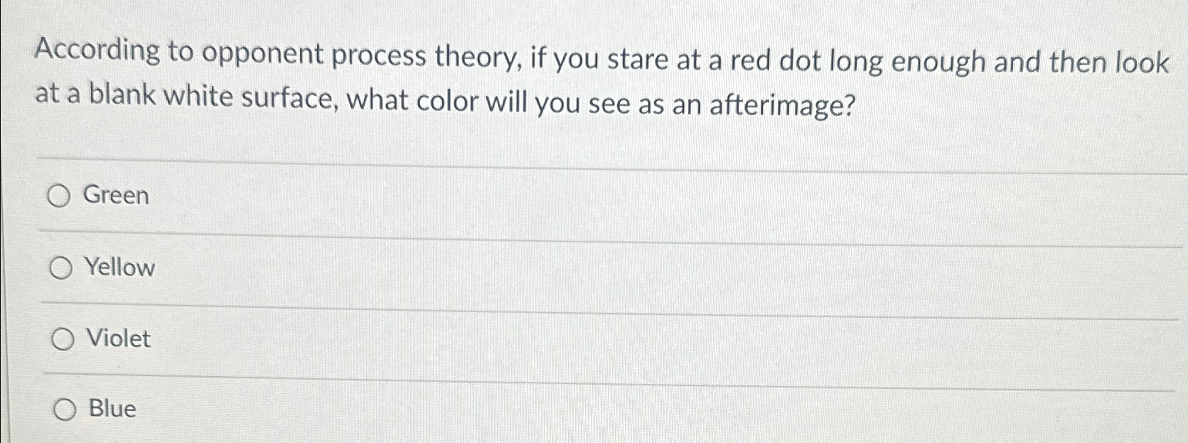 Solved According to opponent process theory, if you stare at | Chegg.com
