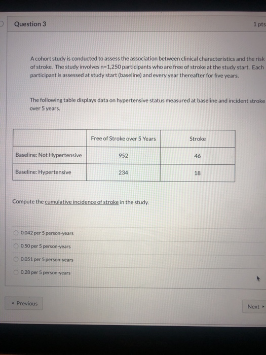 Solved Question 3 1 pts A cohort study is conducted to | Chegg.com