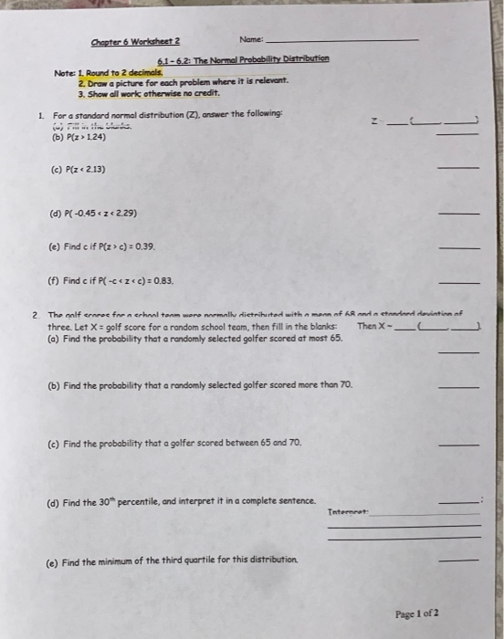 Solved Chapter 6 Worksheet 2 Name: 6.1 - 6.2: The Normal | Chegg.com