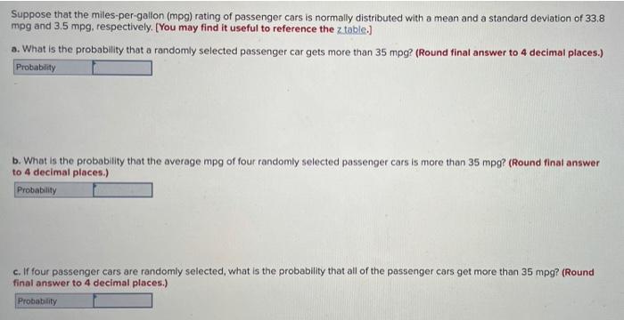 Solved Suppose that the miles-per-gallon (mpg) rating of | Chegg.com