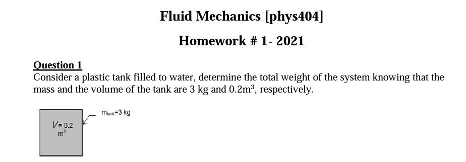 Solved Fluid Mechanics (phys404] Homework # 1 - 2021 | Chegg.com