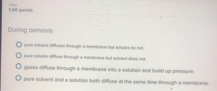 Solved 1.00 points During osmosis O pure solvent diffuses | Chegg.com