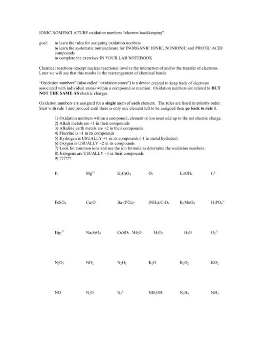 Solved IONIC NOMENCLATURE oxidation numbers 