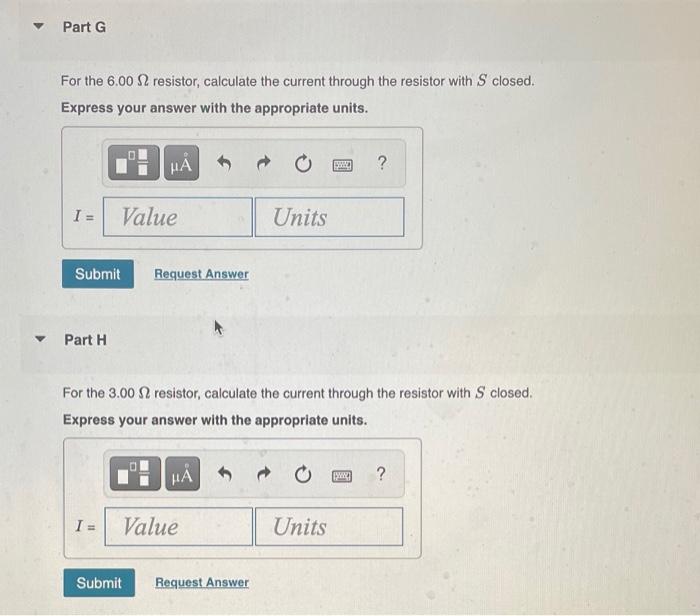 For the \( 6.00 \Omega \) resistor, calculate the current through the resistor with \( S \) closed. Express your answer with 