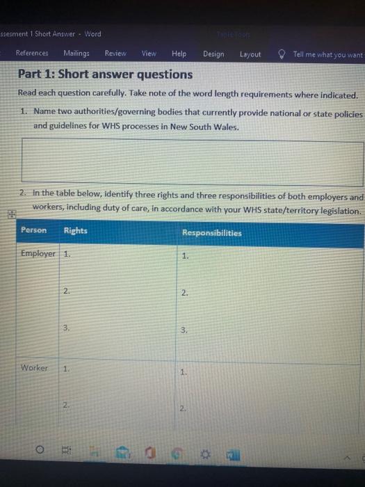 ssesment 1 Short Answer - Word References Mailings Review View Help Design Layout Tell me what you want Part 1: Short answer