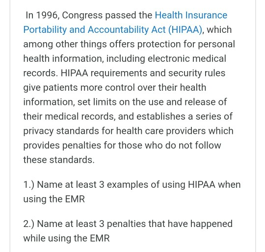 Solved In 1996, Congress passed the Health Insurance | Chegg.com