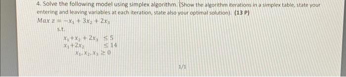 Solved 4. Solve the following model using simplex algorithm. | Chegg.com