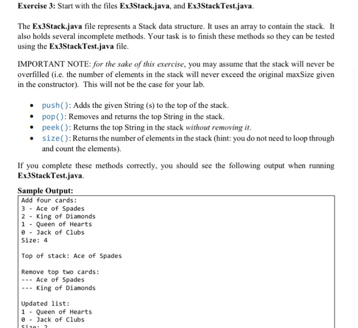 Solved Exercise 3: Start with the files Ex3Stack.java, and | Chegg.com