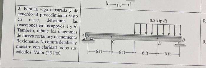 3. Para la viga mostrada \( y \) de acuerdo al procedimiento visto en clase, determine las reacciones en los apoyos \( A \) y