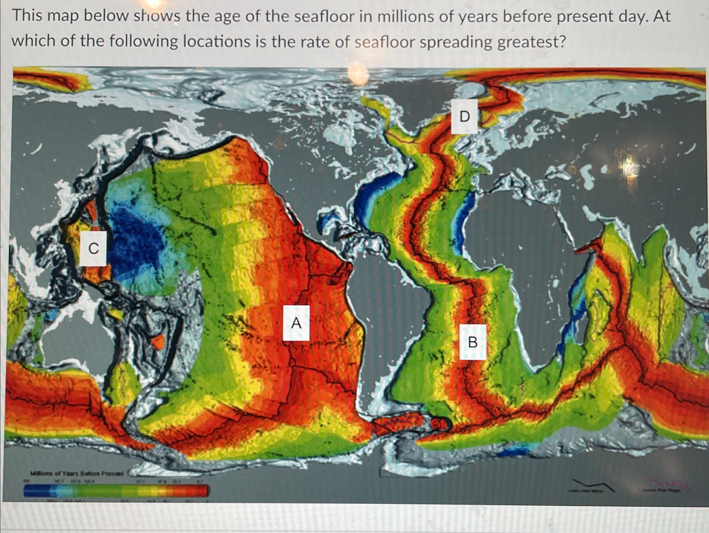 Solved This map below shows the age of the seafloor in | Chegg.com