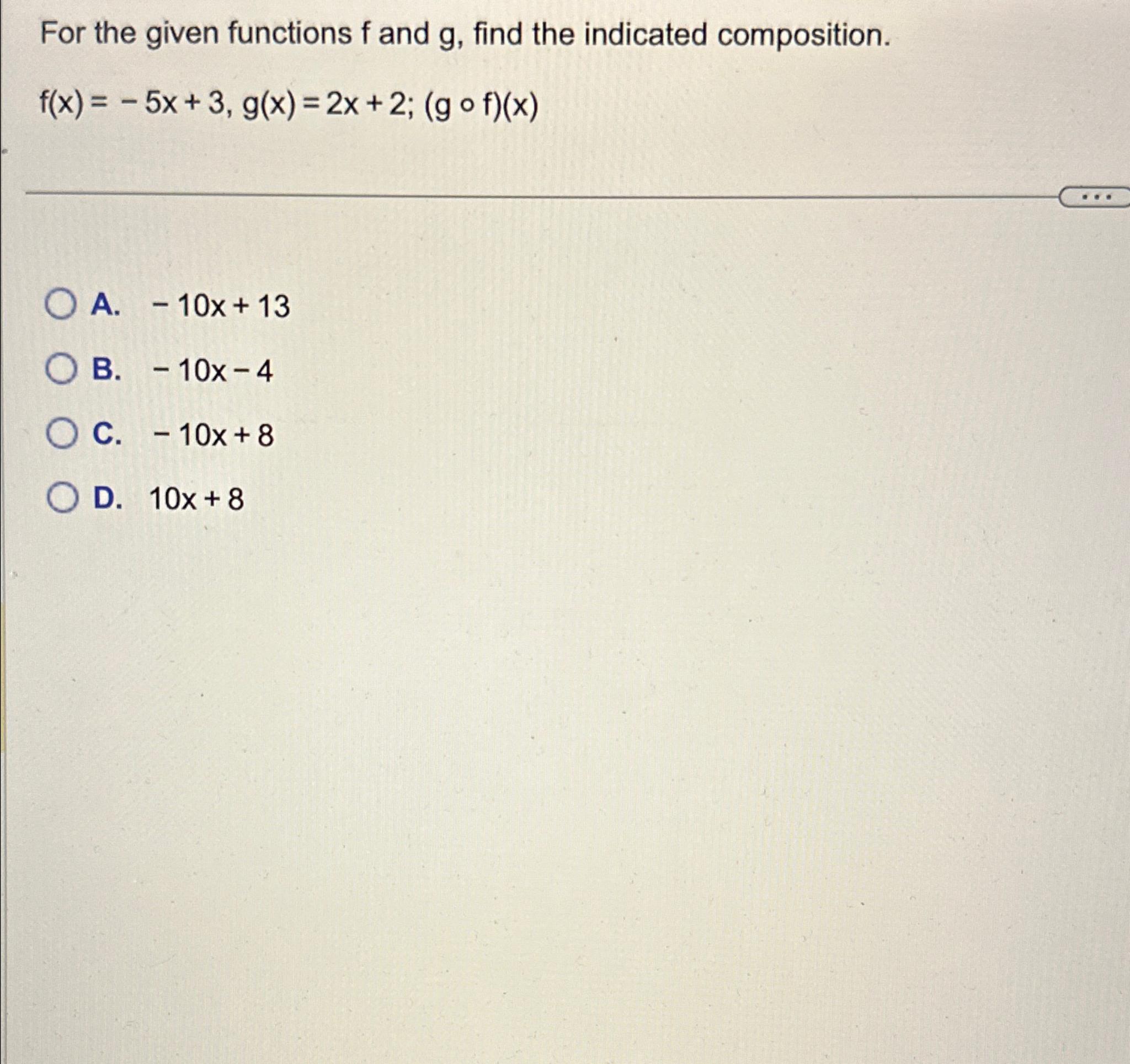 Solved For the given functions f ﻿and g, ﻿find the indicated | Chegg.com