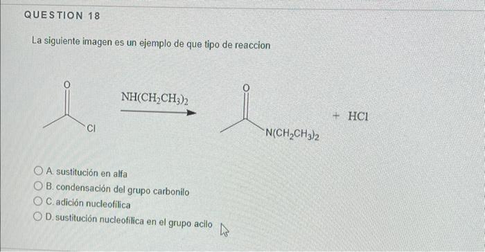 La siguiente imagen es un ejemplo de que tipo de reaccion \[ \mathrm{NH}\left(\mathrm{CH}_{2} \mathrm{CH}_{3}\right)_{2} \] \