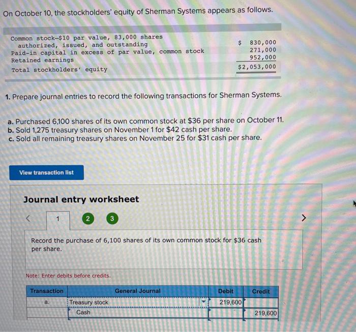 solved-on-october-10-the-stockholders-equity-of-sherman-chegg