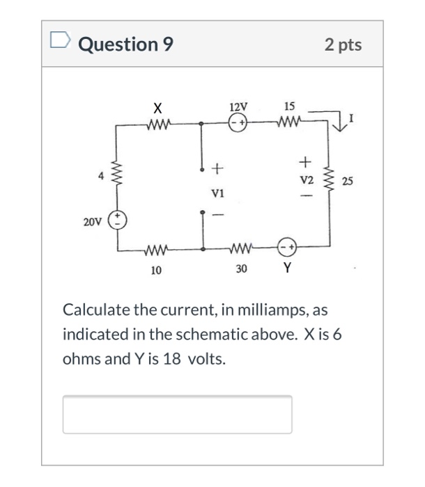 Solved Question 9 2 pts 15 х 12V V2 25 vi 20V w- 30 10 | Chegg.com