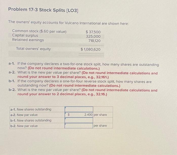 Solved Problem 17-3 Stock Splits [LO3] The owners' equity | Chegg.com