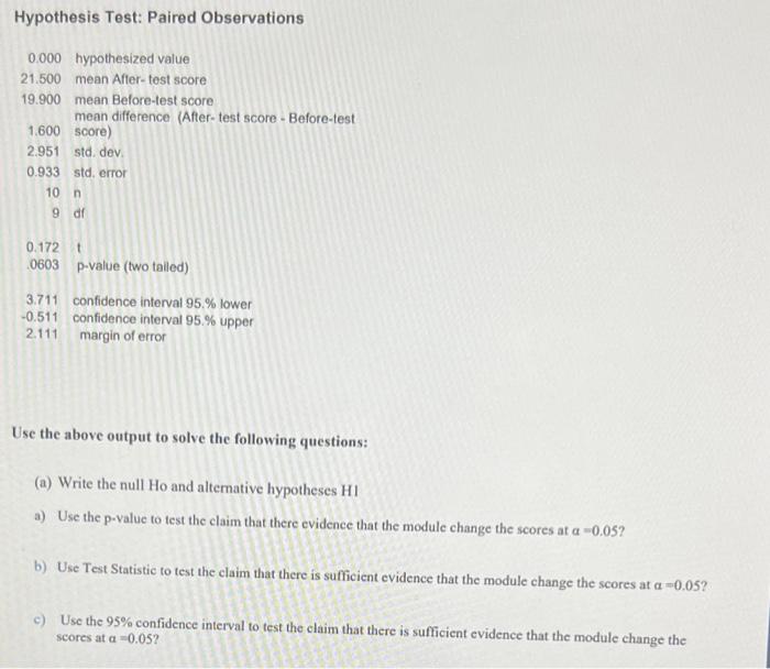 Solved A Sample Of 10 Students Were Given A Diagnostic Test 