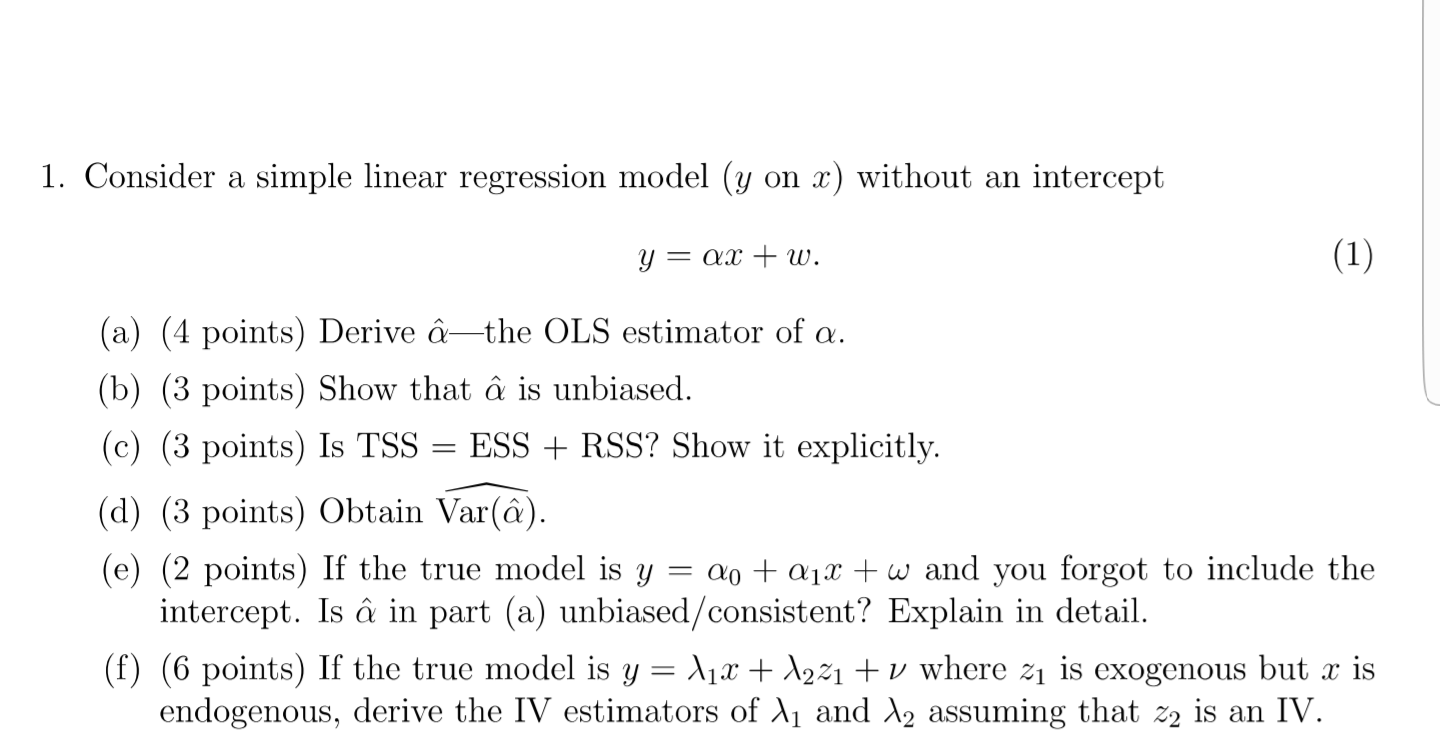 Solved 1 Consider A Simple Linear Regression Model Y On X 8373