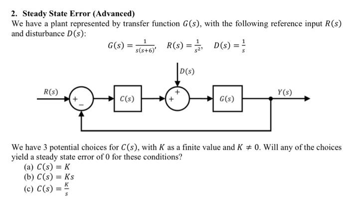 Solved 2. Steady State Error (Advanced) We have a plant | Chegg.com