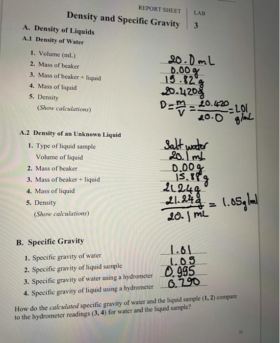 Solved REPORT SHEET LAB Density and Specific Gravity 3 A.