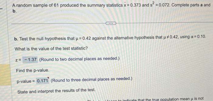 Solved A random sample of 61 produced the summary statistics | Chegg.com