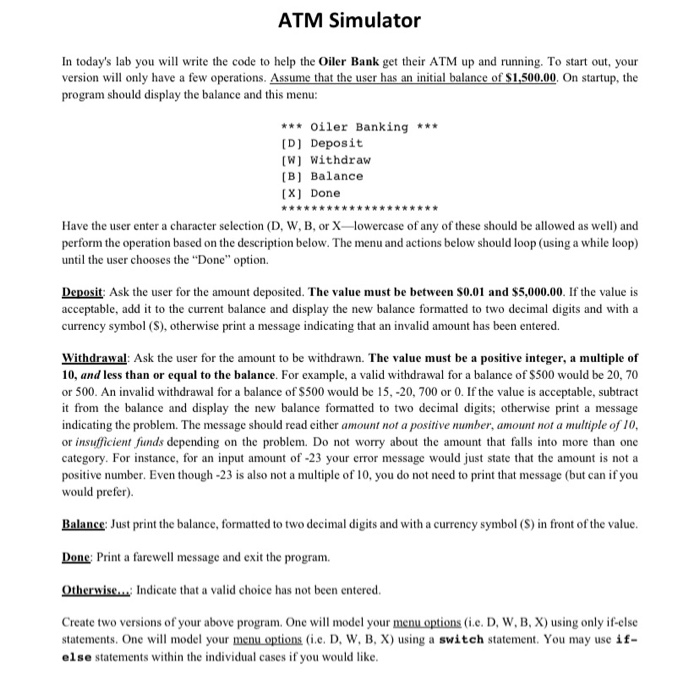 Solved ATM Simulator In today's lab you will write the code | Chegg.com